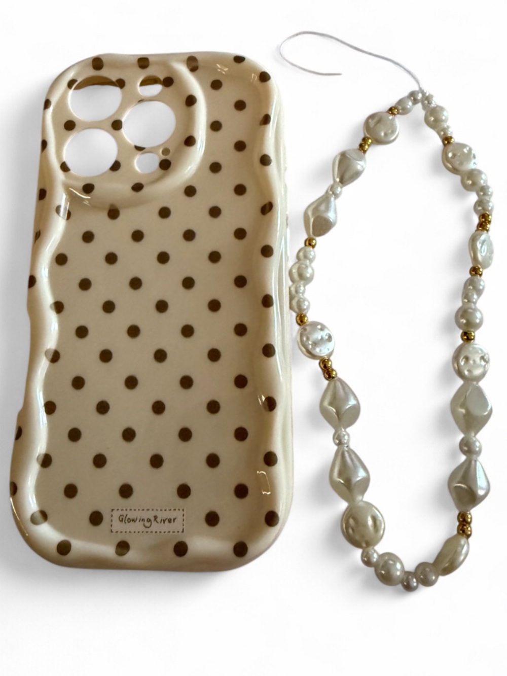 Womans Polka Dot Beige Phone Case with Pearl Charm phone 16 Pro..